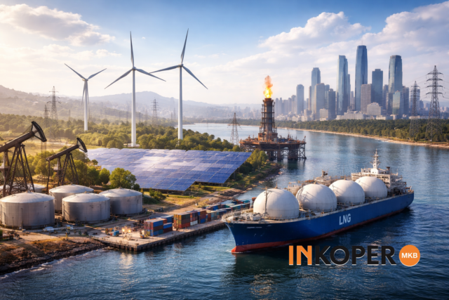 Energielandschap met LNG schip, windmolens, zonnepanelen en olie-industrie nabij moderne stad