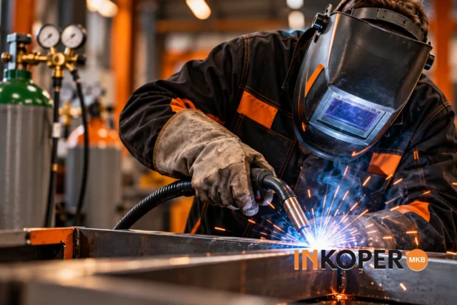 Lasser aan het werk met MIG/MAG-lassen van staal, waarbij beschermgas wordt gebruikt voor een stabiele lasboog en goede laskwaliteit.