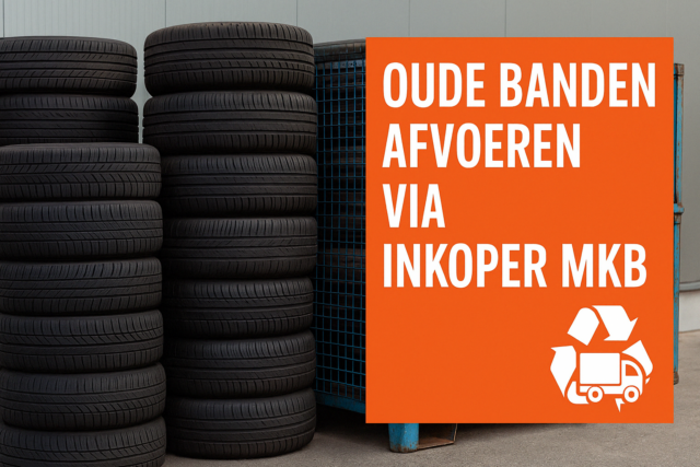 Stapel oude autobanden naast een container met oranje bord: ‘Oude banden afvoeren via INKOPER MKB’ met recycling-icoon