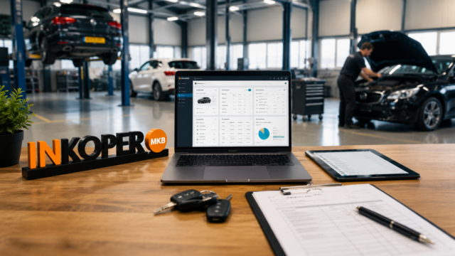Modern autobedrijf met RDW-software, voertuigadministratie en realtime garage management systeem van INKOPER MKB in een professionele werkplaatsomgeving.