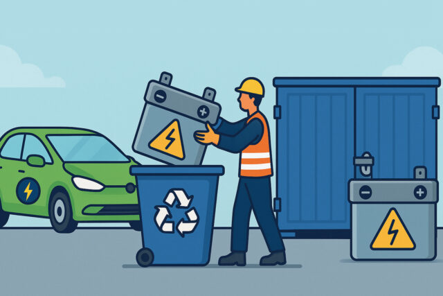 llustratie van een medewerker die een accu van een elektrische auto in een recyclebak plaatst, met een groene elektrische auto op de achtergrond.
