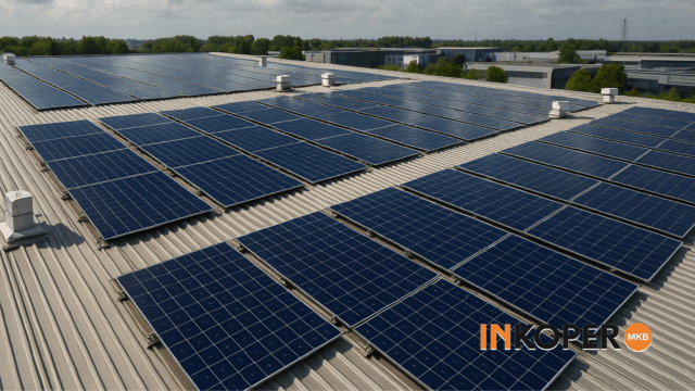 Fabrieksdak met zonnepanelen in Nederland onder bewolkte lucht, symbool voor duurzame energie en teruglevering aan het net na het einde van de salderingsregeling in 2027